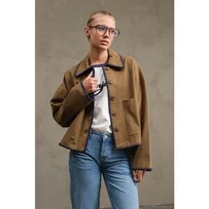 Raisonnel Olive Size Medium Collar Jacket with Contrast Stitching